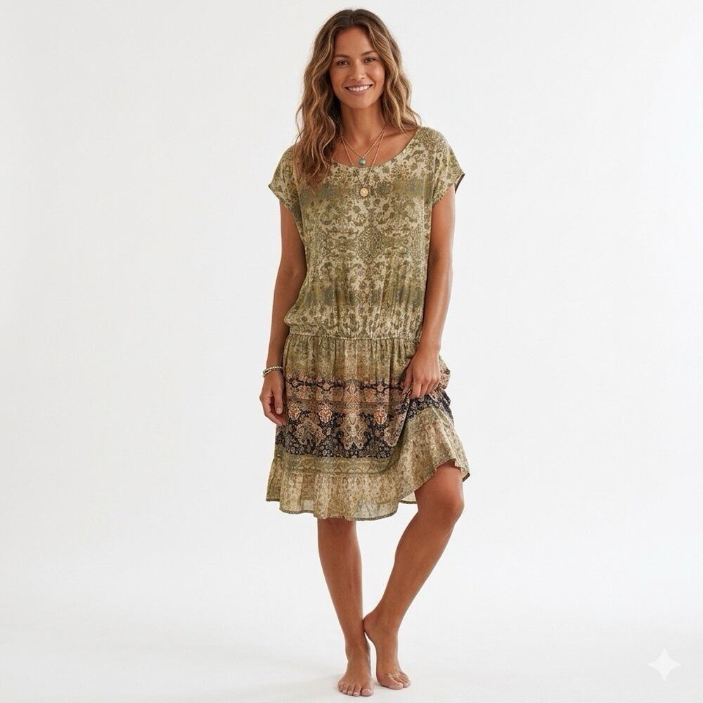Sonoma Womens XXL Green Patterned Elastic Waist Ruffle Hem Boho Scoop Neck Dress